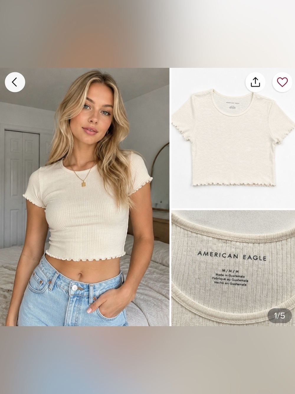 American Eagle Ivory Ribbed Short Sleeve Crop Top Size Medium